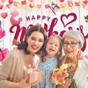 Happy Mother's Day Backdrop Tulip Floral Heart Mom-Baby Silhouette Background for Mother's Day Birthday Party Decoration Family Event Supplies Photo Booth Props 10x8FT