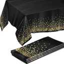Prestee 4 Pack Gold and Black Table Cloth Rectangle Table Covers 54 x 108 Inches - Plastic Table Cloth Disposable for Parties, Dining and Events - Black Tablecloths for Weddings and Celebrations