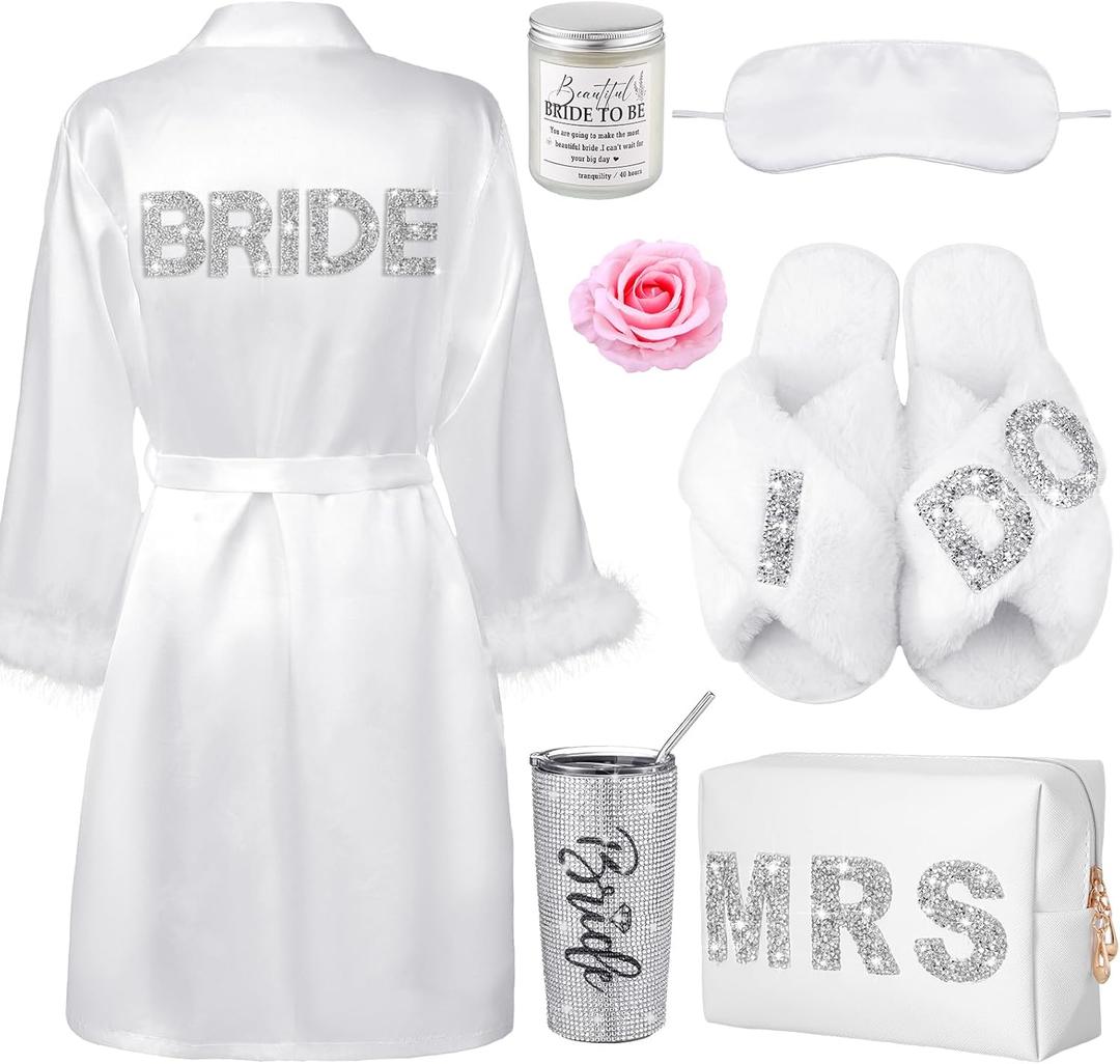 9 Pcs Rhinestone Bridal Shower Gift Set Include Box 20 oz Tumbler Slippers Bride Robe Makeup Bag Scented Candle Blindfold 2 Artificial Rose for Bachelorette Wedding Party Gift