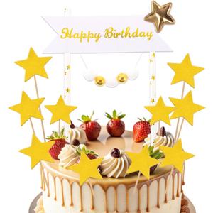 Happy Birthday Cake Toppers, 10 Pcs Gold Five-pointed Star Toppers for Cake, Pearl Decorative Cupcake Topper for Baby Shower Anniversary Party Decorations