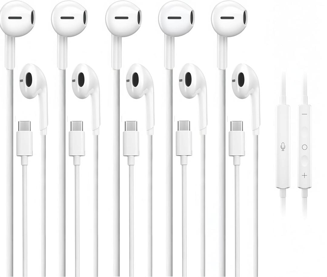 5 Pack USB C Headphones for iPhone 17/16/15 Pro Max iPad Plus TypeC Earphones with Microphone Volume Control USBC Wired Earbuds USB Type C Earphone for Samsung S25 Ultra S24 S23 S22 1.2M/4Ft