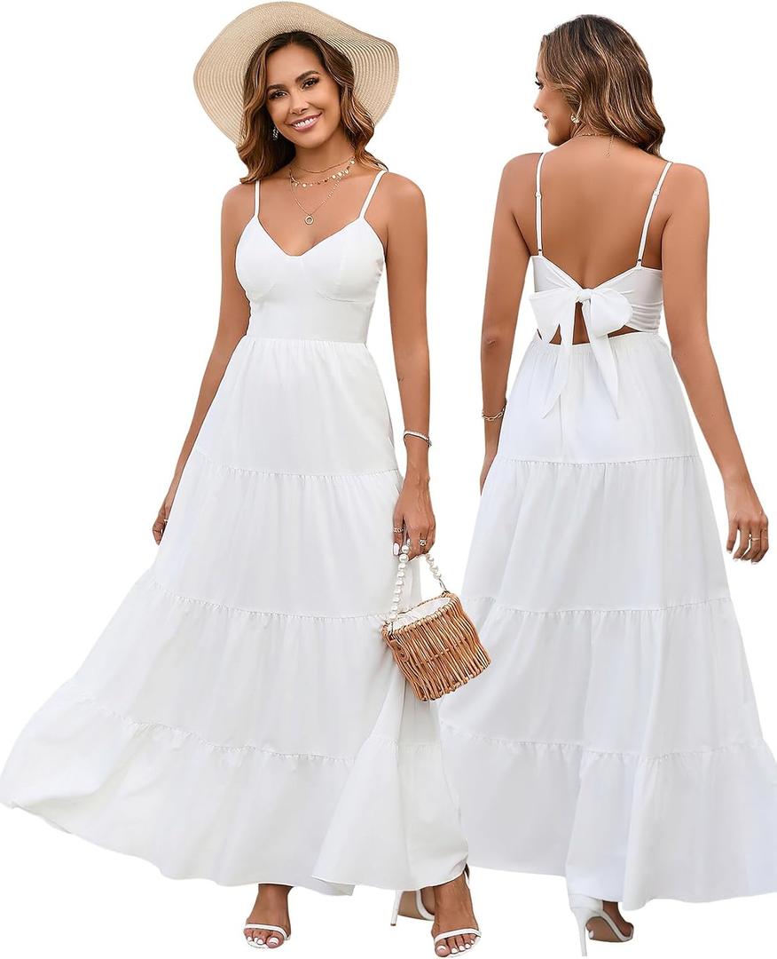 HTZMO Women Casual Summer Floral Maxi Sundress V Neck Spaghetti Strap Bow Tie Backless Flowy Boho Beach Long Dress 2026, Small