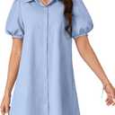 Rooscier Women's Collar Button Down Puff Short Sleeve Causal Mini Shirt Dress, XS