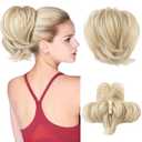 HOOJIH Ponytail Extension, Claw Clip in Straight Hair Bun Messy Bun 9 Inch Short Ponytail Extension with Bendable Metal Wire Hair Pieces for Women Fake Hair Bun - Blonde with White Highlights