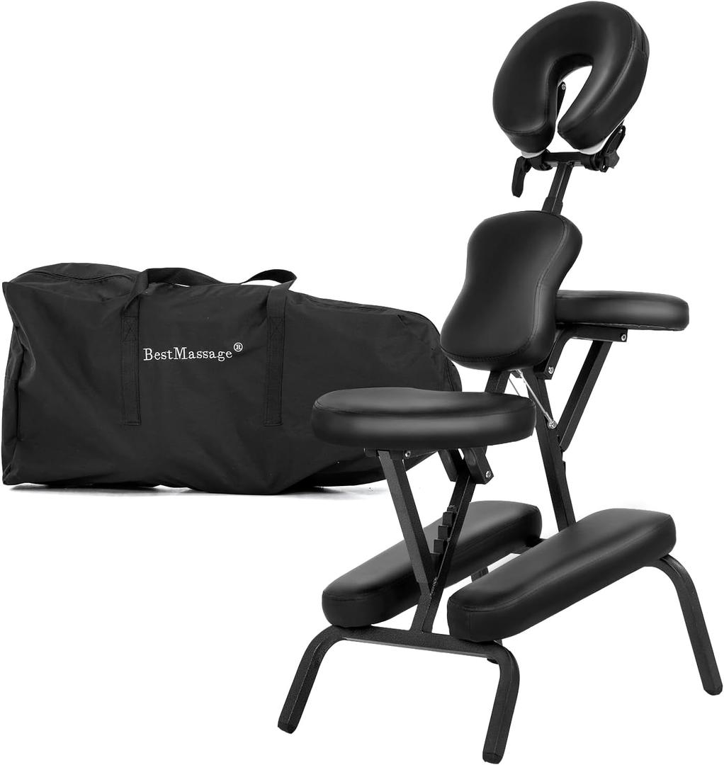 Portable Massage Chair for Tattoo and Spa Foldable Massage Therapy Chair with Adjustable Face Cradle High-Density Cushion Lightweight Design with Carrying Bag Ideal for Salon Use (Black), 2 Piece Set