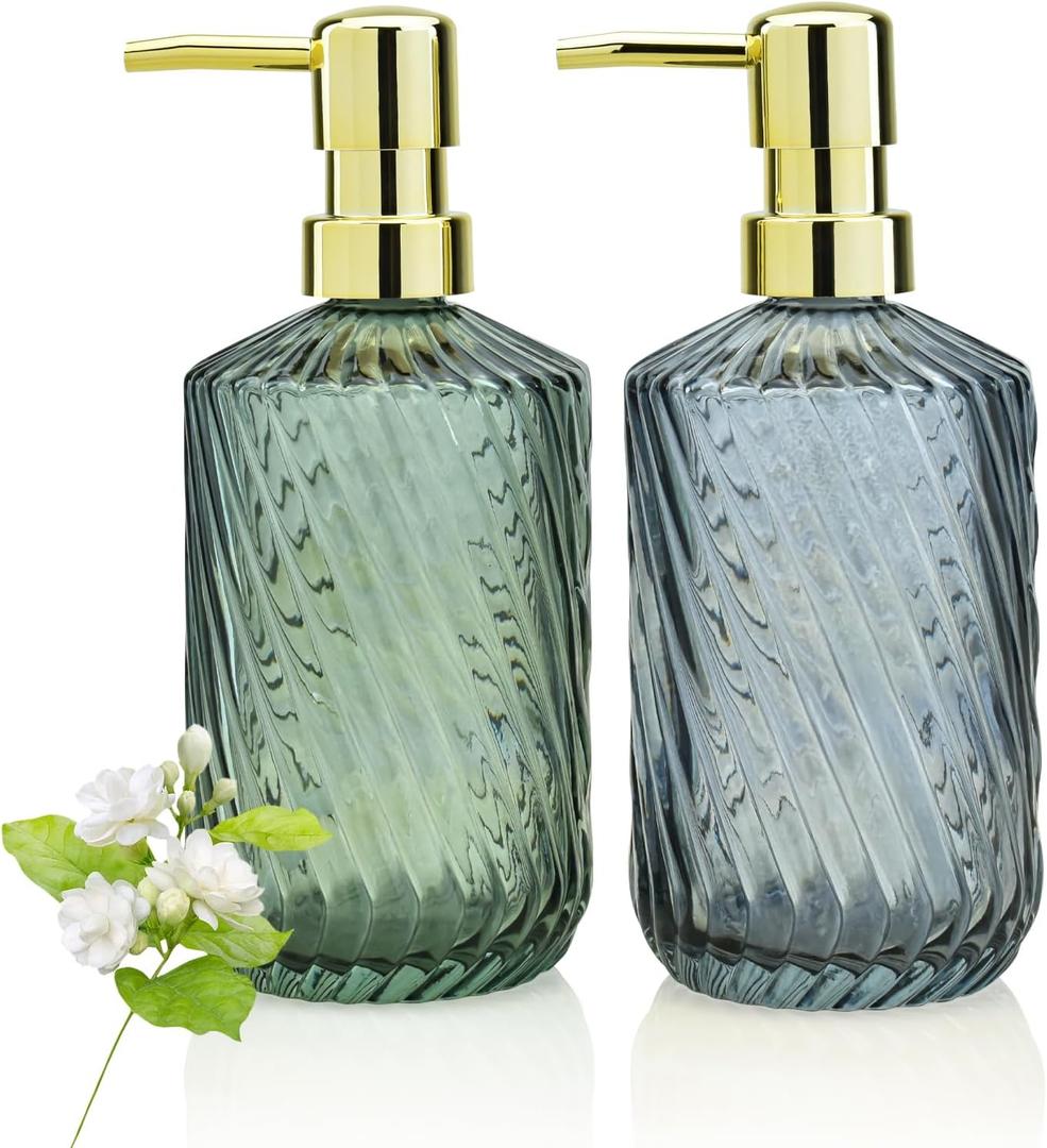 2 Pack Twill Soap Dispenser for Kitchen, 15 oz Glass Bathroom Soap Dispenser with Pump, Modern Farmhouse Twill Style Bathroom Dispensers for Home Decor, Bathroom, Kitchen Countertop, Hotel