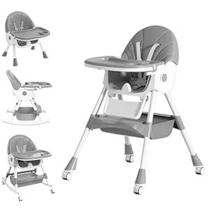 Baby High Chair, 5 in 1 High Chairs for Babies and Toddlers, Travel Foldable High Chair with Foot Rest, Detachable PU Cushion, Double Removable Tray, Adjustable Height & Recline