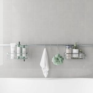 Zenna Home Bathroom Organizer Shower Caddy, Adjustable Horizontal Tension Pole Between Wall Shower Storage System with 2 Baskets and 3 Hooks, 26 to 76 Inch, Silver