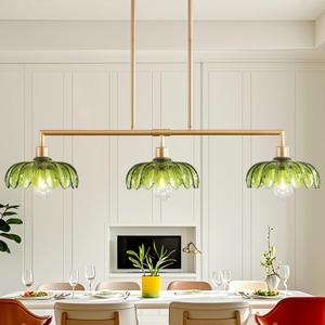 42'' Green Linear Chandeliers for Dining Room, 3-Light Glass Chandelier Kitchen Island Lighting Fixtures, Brass Gold Farmhouse Chandeliers for Kitchen Bar Dining Room