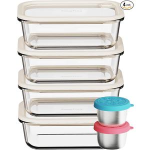 Glass Food Storage Containers with Silicone Glass Lids, Stainless Steel Salad Dressing Containers, Microwave-safe LeakProof Food Containers Set, 4-pack 35 oz（White）