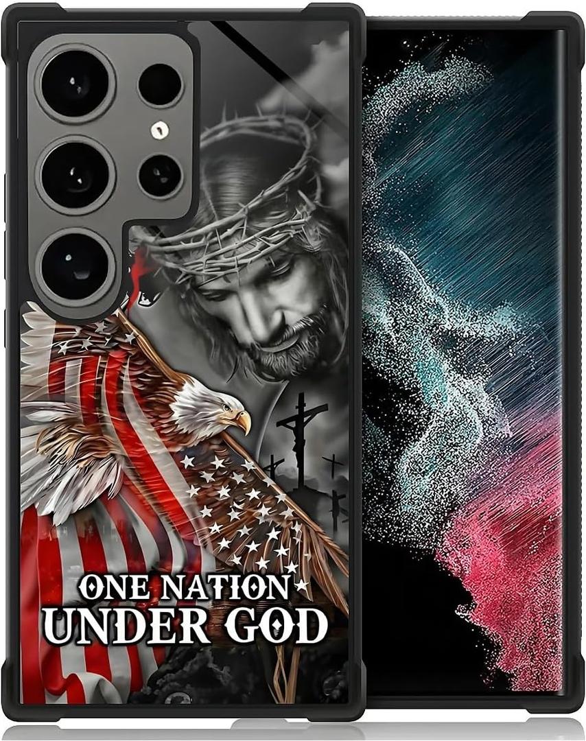 Case for Samsung Galaxy S25 Ultra 6.9",Four Corner Airbag Protection Design Soft Silicone Frame Personalized Pattern Case Compatible with Samsung Galaxy S25 Ultra for Men-Jesus Eagle Flag