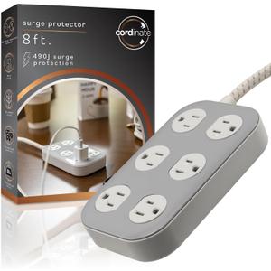 Cordinate Adapt 6 Widely Spaced Multiple Outlets Surge Protector Power Strip 8 ft Braided Extension Cord Flat Plug Electrical Extender for School Dorm Room Home Office 500 Joules, Gray, 80654