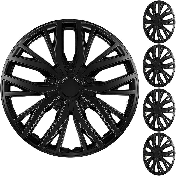 XLAVTIY 15 Inch Glossy Black Hubcaps Wheel Covers, Universal R15 Hub Caps Replacement Snap-On Rim Covers for Cars with Standard Flat Steel Wheels, Set of 4 (Black)