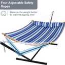 12 Ft Hammock with Stand for Outside, 2 Person Hammock Freestanding with Curved Spreader Bars, Pillow and Portable Bag, Heavy Duty 450 Lbs, Blue Stripes