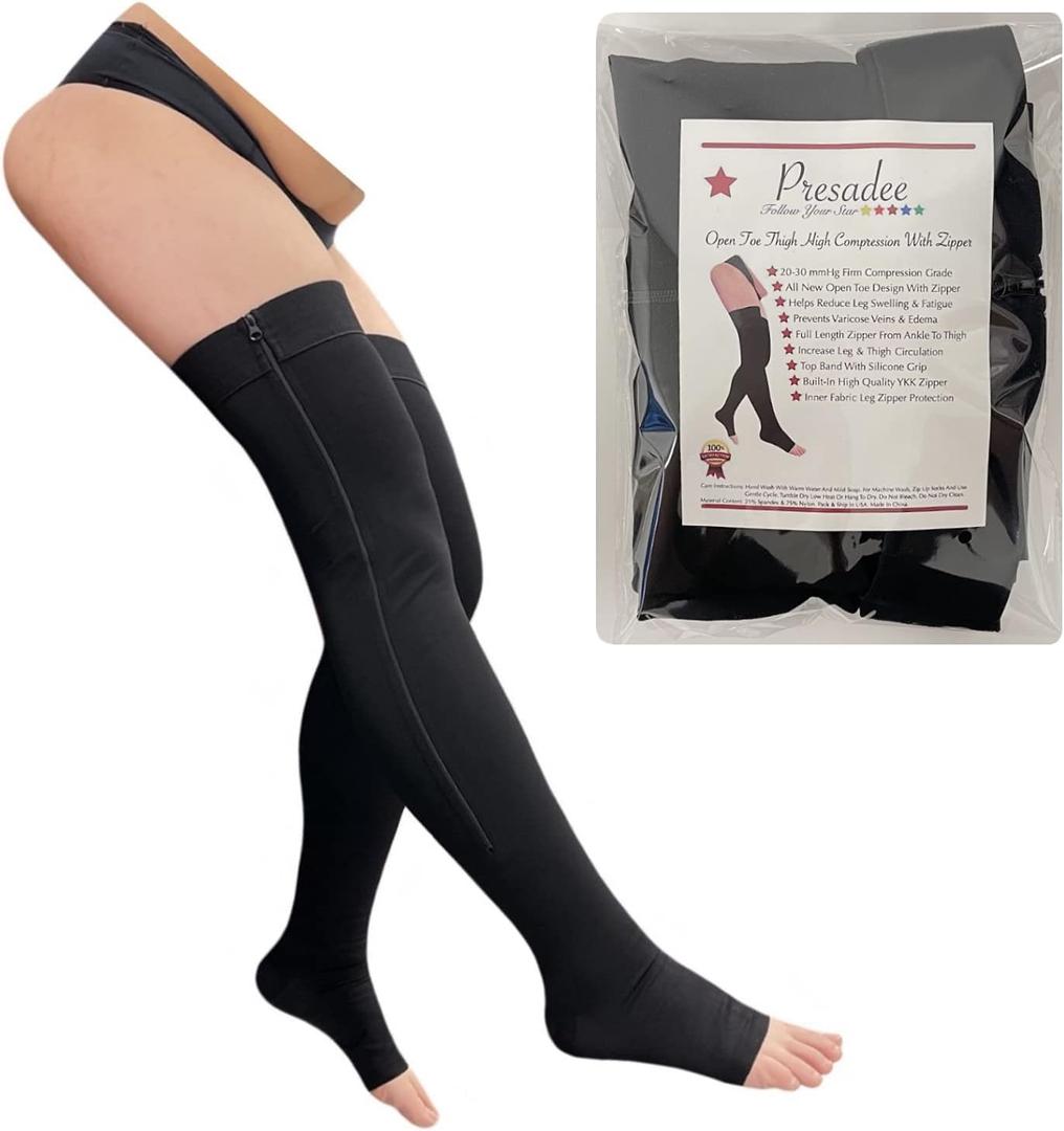 Thigh High Open Toe 20-30 mmHg Firm Compression Leg with YKK Zipper (Black, 3)