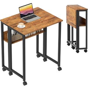 GreenForest Folding Desk Small Rolling Desk with Storage Shelf, 24.8 inch Foldable Computer Desk with Wheels for Small Space, Easy Assembly,Walnut