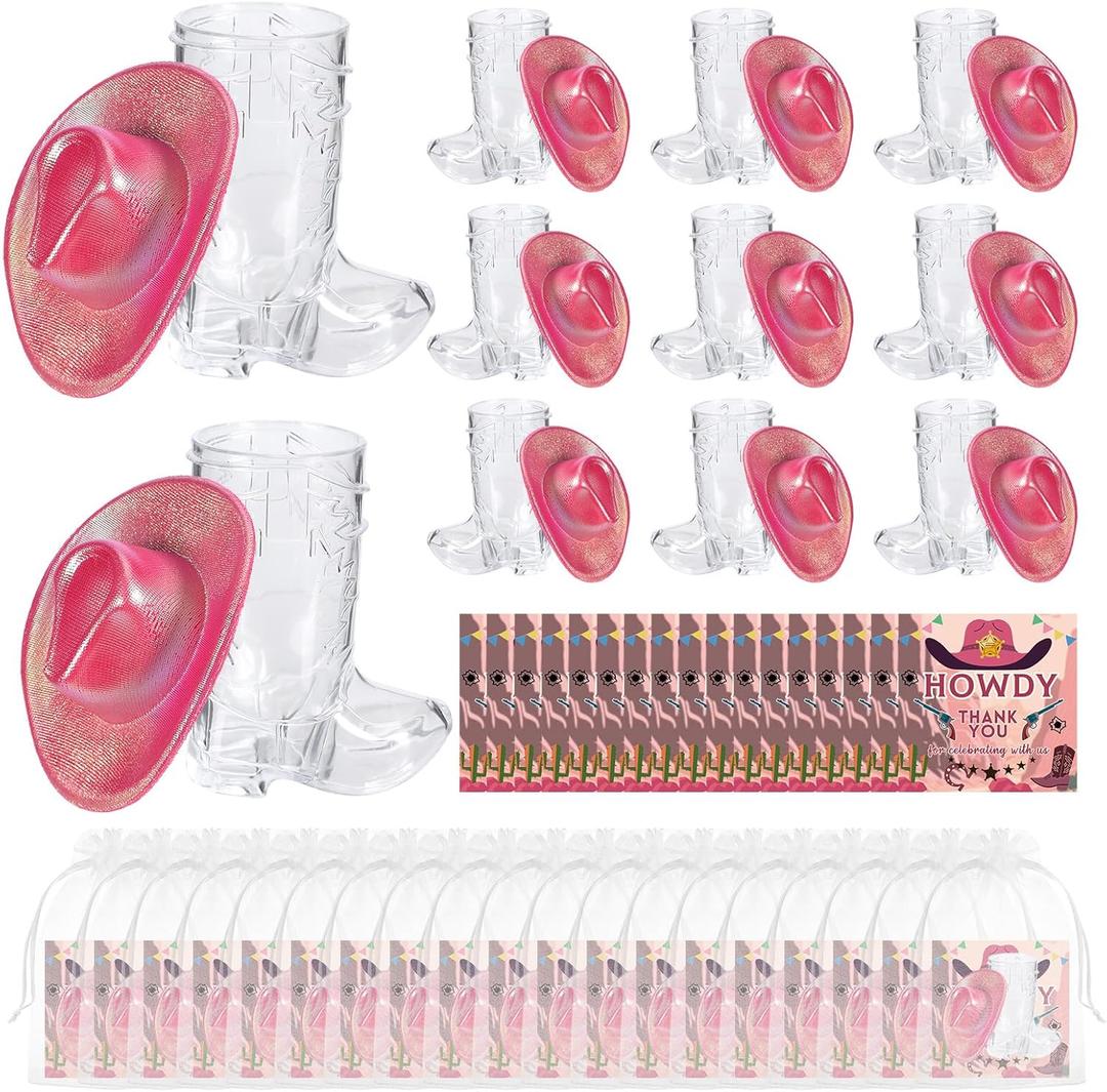 20 Pcs Cowboy Boot Shot Glasses 1oz and 10 Pcs Cowgirl Hat with Cards, Organza Bags and Box for Western Cowboy Cowgirl Theme Party Decorations Favors (Pink)