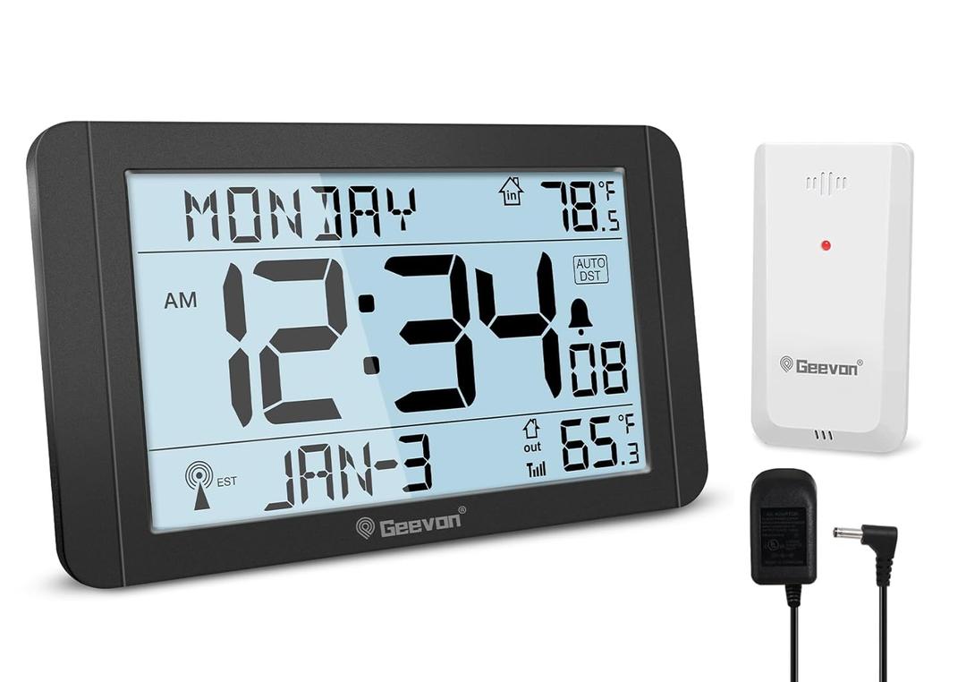 Geevon Atomic Clock with Indoor Outdoor Temperature 10.8'' Large Display, Self-Setting Wall Clock with Wireless Sensor, AC Powered & Battery Backup, Easy for Seniors, Bedroom, Office, Kitchen