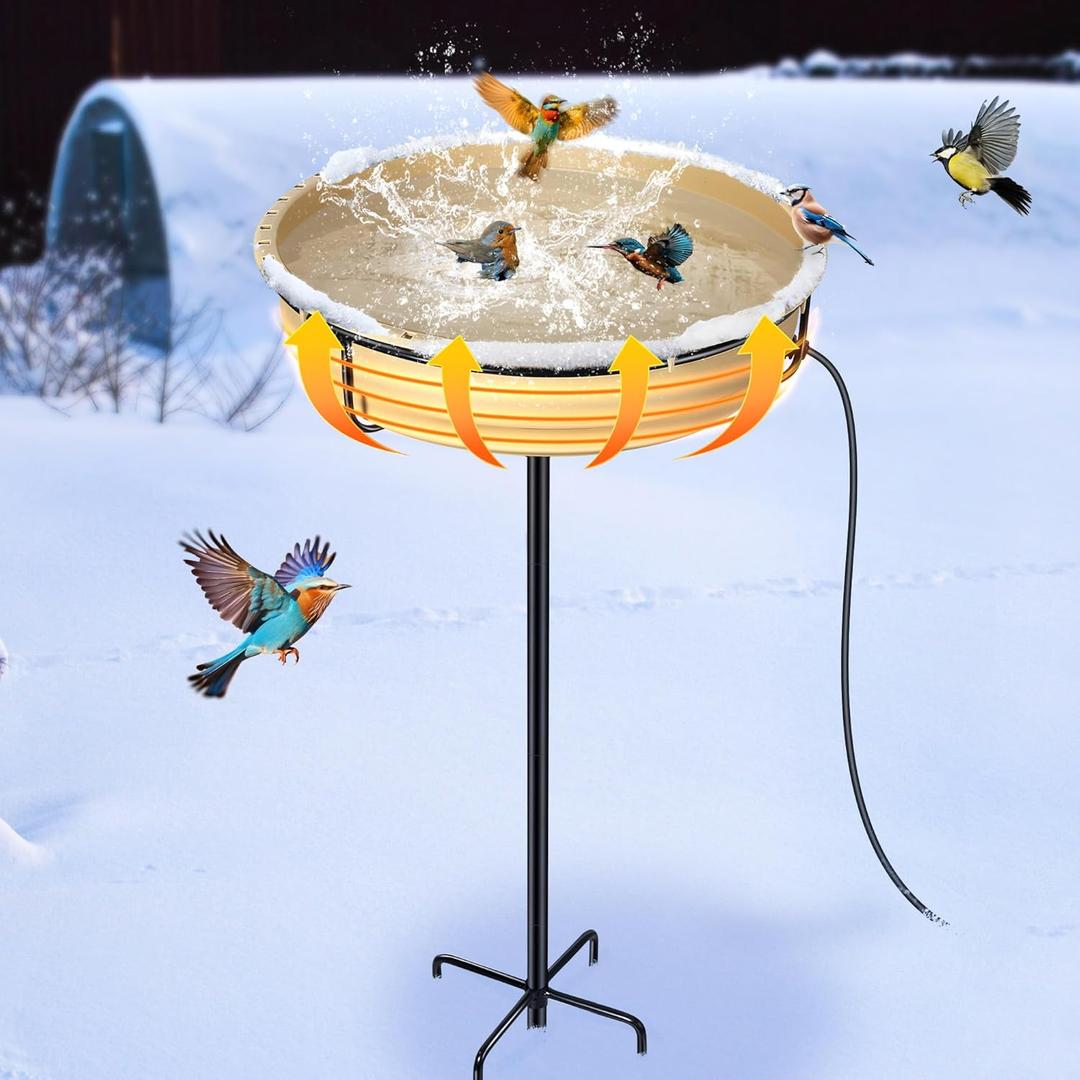 Large Heated Bird Bath for Outside Winter, 75W Heated Bird Baths for Outdoors, Thermostat Control with 5-Prong Metal Base, 6.3 L Heated BirdBath with High Capacity for Garden Patio Yard Lawn