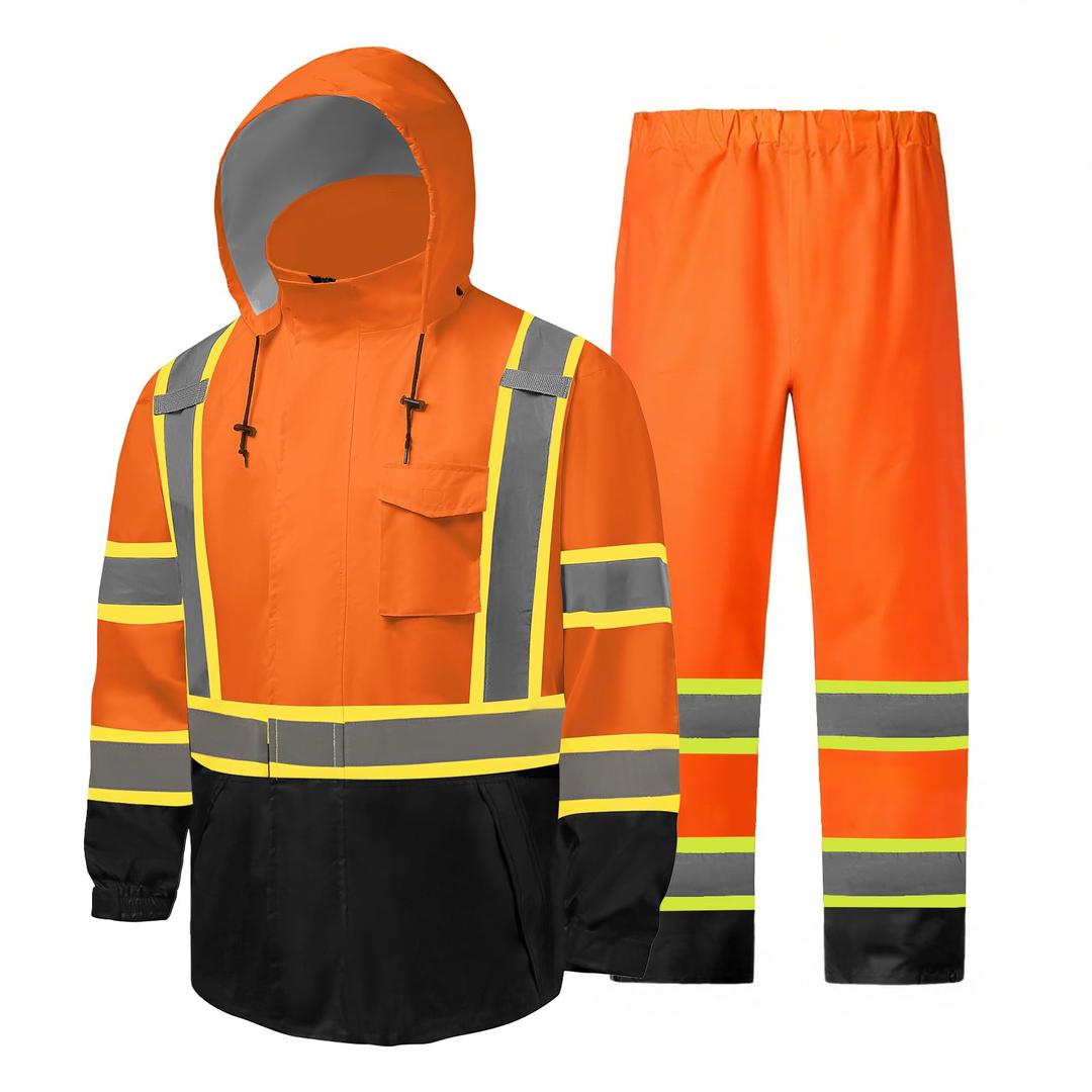fortresswear Hi Vis Rain Jackets for Men Reflective Waterproof High Visibility Class 3 Safety Rain Suit with Black Bottom,Removable Hood. Size SM/MD