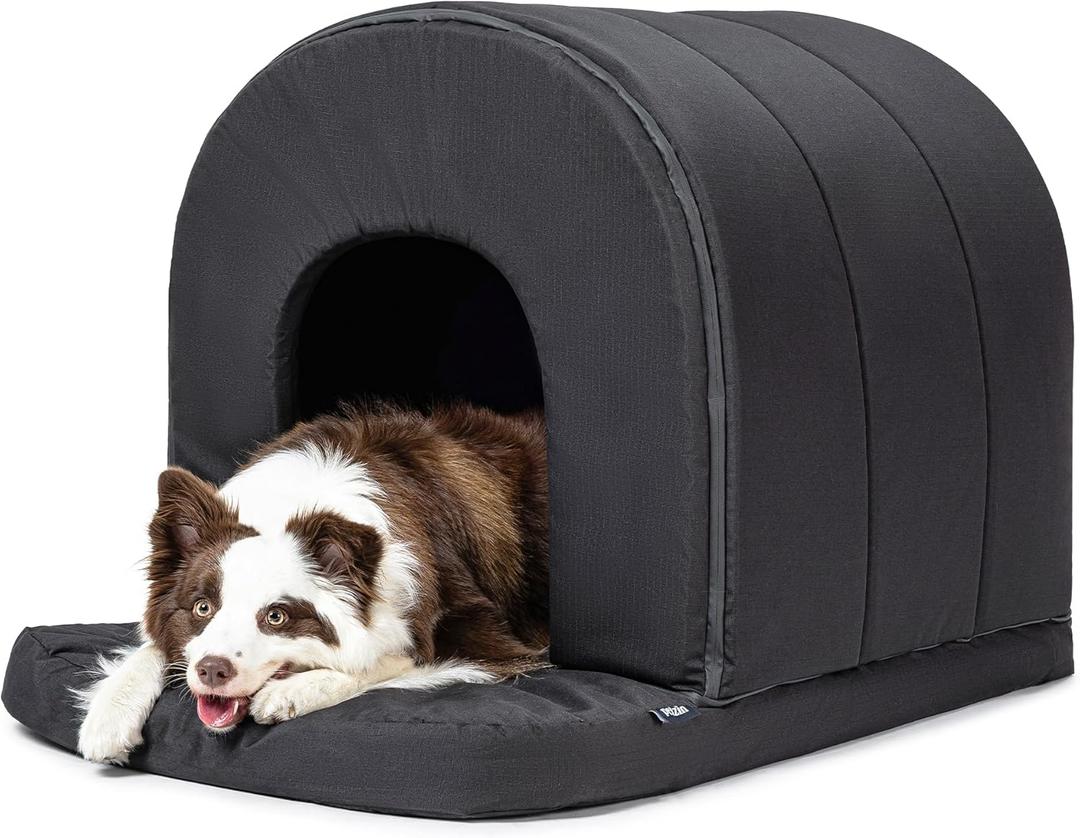 Orthopedic Dog House - Outdoor Waterproof Dog Shelter w/Porch - Indoor Pet House w/Egg-Crate Foam - Cooling - Machine Washable - Ideal for Large Breeds & Fits 36-Inch Crate - 35"x22" (Black)