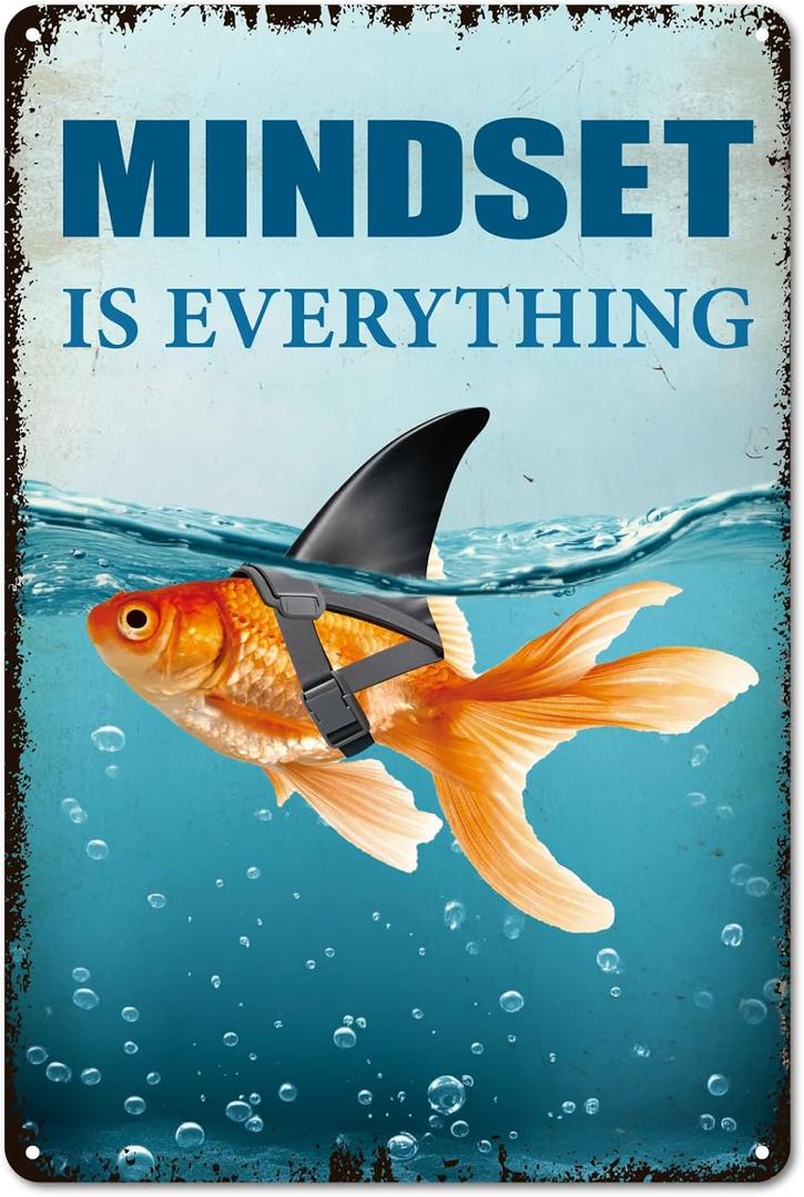 Goldfish Shark Tin Sign 8x12 Inch Mindset is Everything Poster Ocean Theme Vintage Metal Tin Sign Wall Art for for Home Bars Restaurant Kitchen Cafe Club Decoration