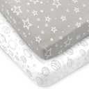 2-Pack Mini Crib Sheets, Fitted GOTS Certified Organic Cotton Pack N Play Sheets for Pack and Play Mattresses, Playard Baby Crib Sheets, Jersey Mini Crib Sheets in Neutral Colors for Boys and Girls (Galaxy)