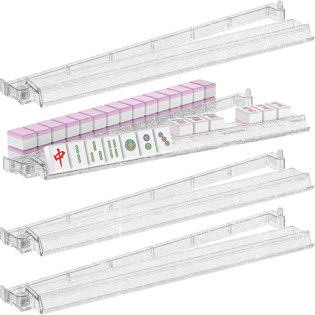 18.5 Inch Mahjong Racks with Pushers - Set of 4 Premium Tile Holders for 1.2" American Mahjong Games, Smooth Sliding for Family Game Nights (Transparent with Glitter)