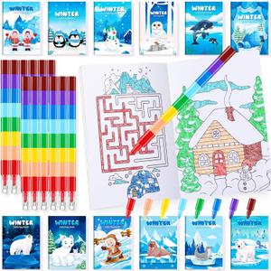 BenLouis 24 Winter Mini Coloring Books Kids with 24 Stacking Crayons Polar Animals Party Favors Activity Books Bulk for Kids Winter Holiday Goodie Bag Gift Stuffer Classroom Reward