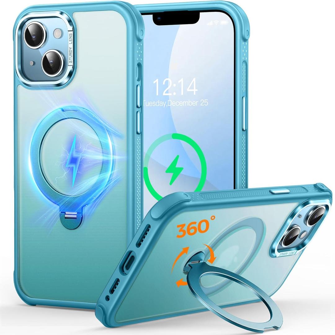 O3 Mag-Stand Designed for iPhone 13/14 Case with 360 Spin Stand, [Compatible with mag Safe][Super Skin Feeling] Translucent Matte Magnetic Slim Phone Case 6.1 inch, Matte Lake Blue