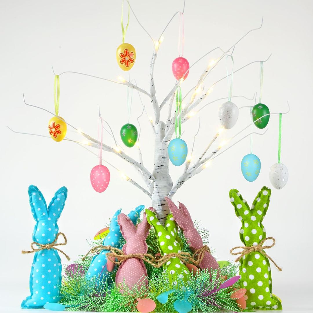 Landical Lighted Easter Tree Decorations with Easter Egg Felt Bunny Hanging Ornaments Tinsel Garland, Birch Tree Decorations for Home Spring Party