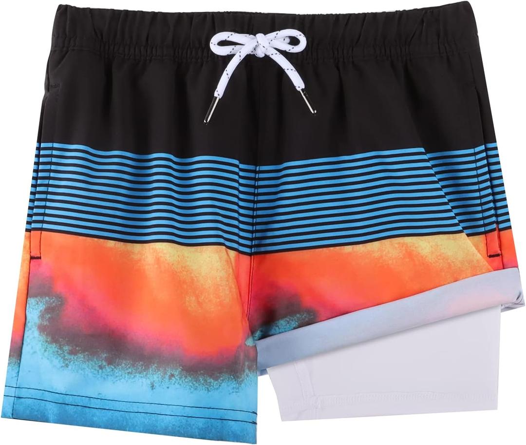 BRISIRA Boys Swim Trunks Bathing Suit Compression Boxer Brief Liner Swim Shorts Swimsuit Anti-Chafe Toddler Kids Youth Teen (7, Stripeblack&blue)