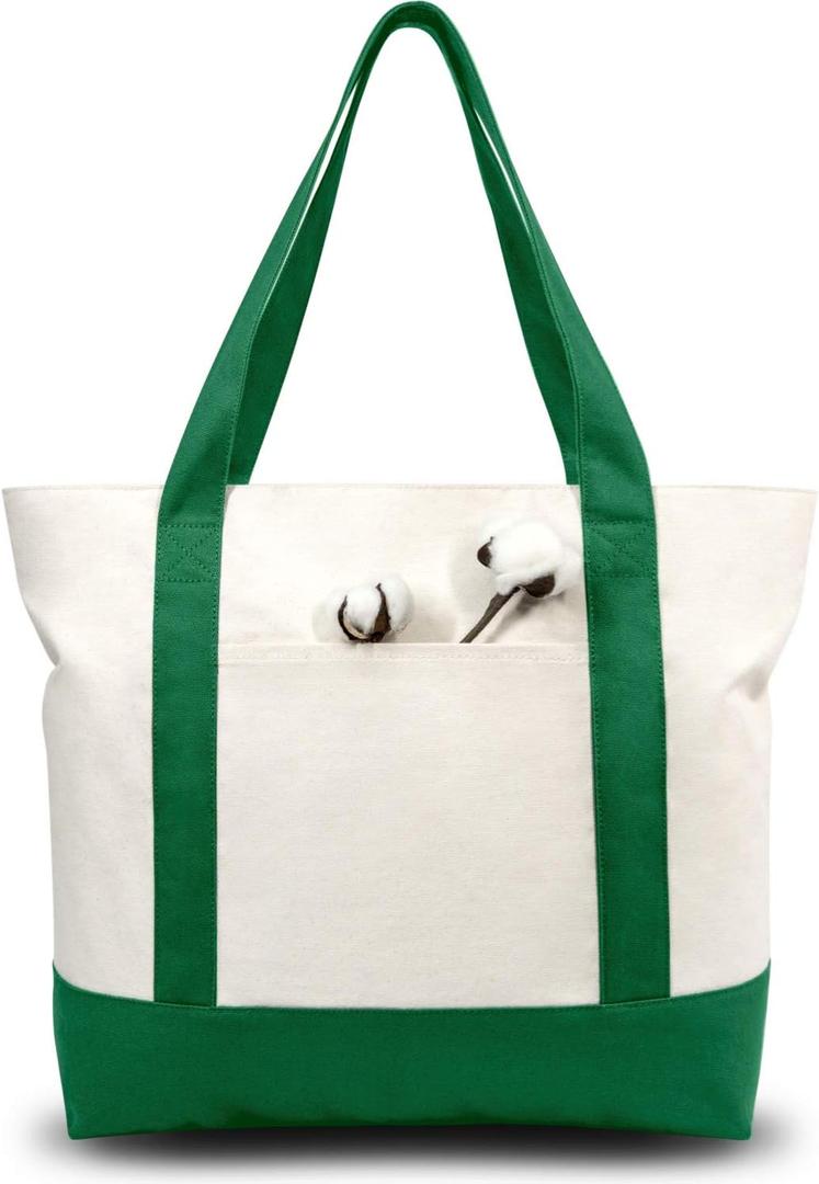 TOPDesign 6-Pack Canvas Tote Bags with an External Pocket, Reusable Grocery Shopping Bags, Top Zipper Closure, Daily Essentials (Green/Natural), 21" x 15" x 6"