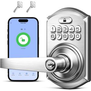 TEEHO TE019 Smart Keypad Door Lock with Handle, App Control, Keyless Entry Electronic Lock, Remote One-Time Codes, Auto Lock, Passage Mode, for Bedroom, Interior Door & Rental, Satin Nickel