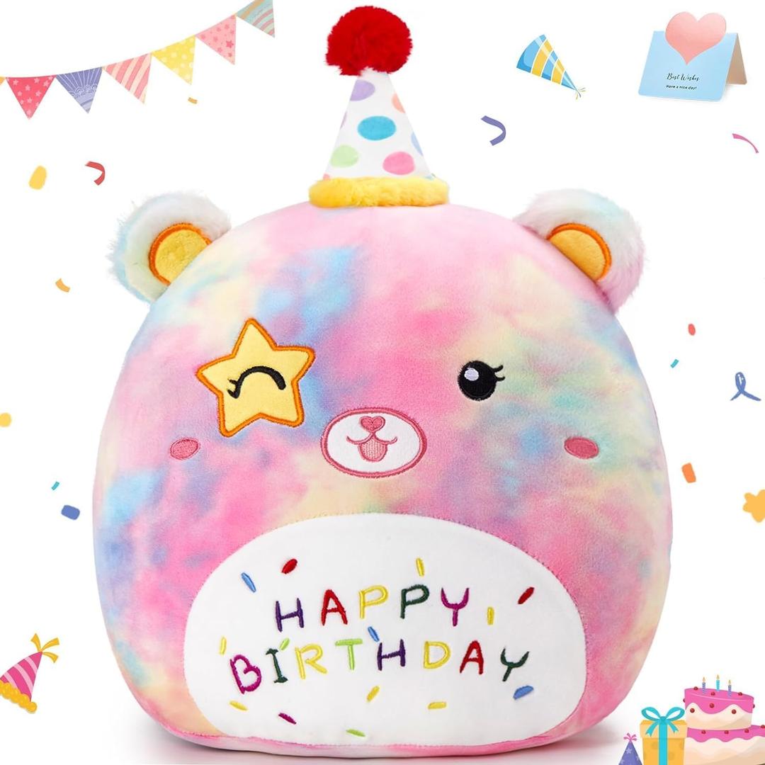 Athoinsu 14" Happy Birthday Bear Plush Pillow Cute Rainbow Stuffed Animal Soft Kawaii Birthday Plushie Star Wink Funny Pillows Home Room Decoration Gifts for Toddlers Kids Girls