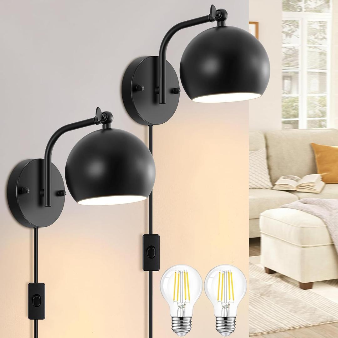 Plug in Wall Sconces Set of 2, Adjustable Angle Black Wall Lights with Plug in Cord & On/Off Switch, Bedside Wall Mounted Lamp with Globe Shade for Bedroom Living Room Bathroom(2 Bulbs Included)