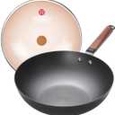 WANGYUANJI 12.6" Carbon Steel Wok Pan with Lid, Lightweight Stir Fry Pan with Flat Bottom, Induction Compatible Chinese Cookware for Electric, Gas & Glass Top Stoves, No Coating, 2.5lb