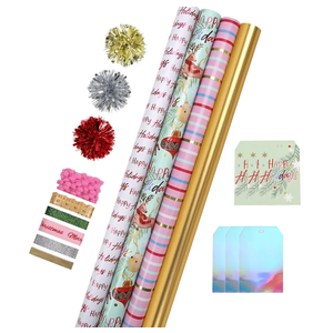 LaRibbons Christmas Wrapping Paper Sets, Classic Reindeer Stripes & Happy Holiday Design with Ribbons & Gift Tags & Metallic Pom Pom for Christmas, Holiday，30Inch × 10Feet（ 4 Rolls: 100 Sq.Ft.Ttl）