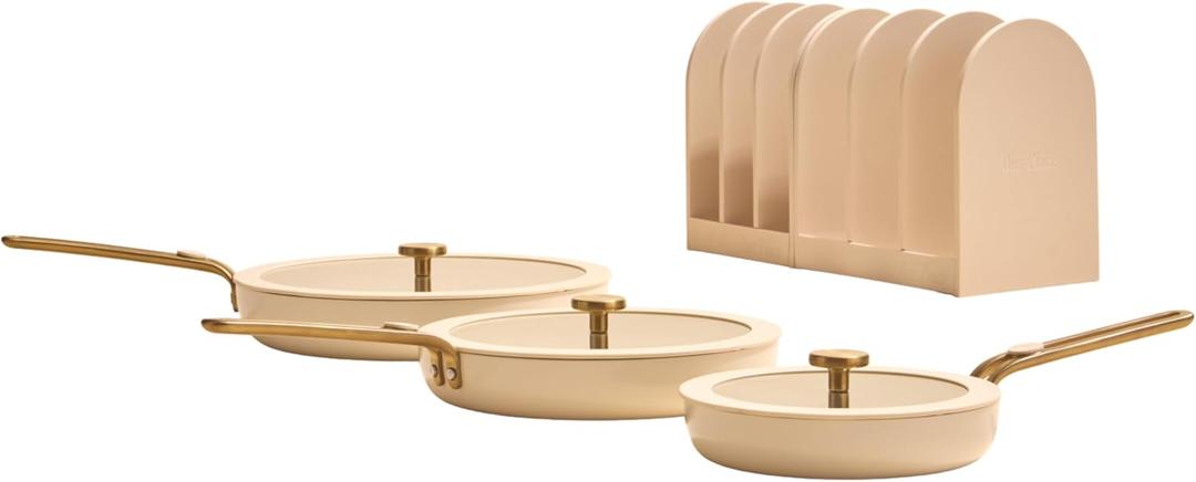 Our Place Essentials Pan Trio, 8-Piece Ceramic Fry Pan Set, Cream, 8 piece