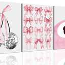 Trendy Pink Bows Wall Art Set of 3 Coquette Preppy Cherry Wall Decor Light Pink Cute Girly Lucky 8 Ball Canvas Poster Prints Aesthetic for College Dorm Living Room Bedroom Framed 16x24 Inch