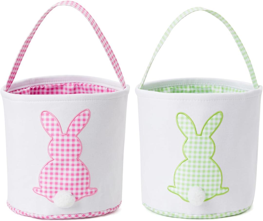 Easter Basket with Handle Easter Bucket Easter Baskets Easter Basket Bags Egg Hunt Basket Canvas Plaid Bunny Print Basket with Fluffy Tail (Pink Plaid+Green Plaid)