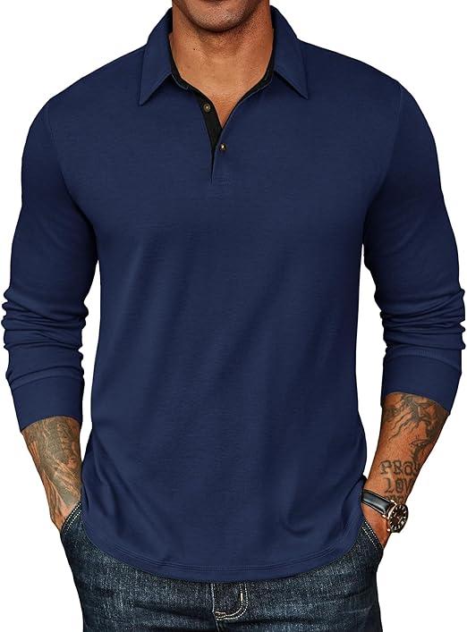 Men's Long Sleeve Polo Shirts for Men, Casual & Work Golf Polo Shirts with Split Hem,Stylish Collared Shirt, Dark Blue 2XL