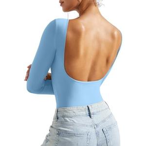 SUUKSESS Women Backless Y2k Long Sleeve Bodysuit Double Lined Open Back Sexy Basic Top Size S