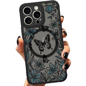 ZIYE for iPhone 13 Pro, Magnetic Matte Phone Case [Compatible with MagSafe] [Butterfly Lily Pattern Design] Black Bumper Hard Back Shockproof Cover for Women Girls (iPhone 13 Pro) - Butterfly