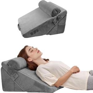 VEVOR Bed Wedge Pillow for Sleeping, 3 Pcs Adjustable Orthopedic Bed Wedge Set, with Washable Cover & Foam Support, Post Surgery Pillow for Acid Reflux, Back Pain, Snoring Relief & GERD, Dark Grey (3PCS-Half moon pillow-Velvet)