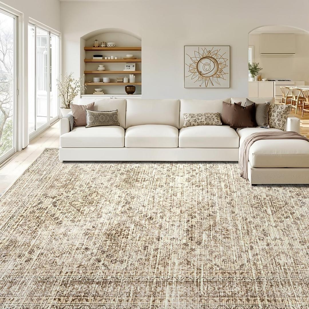 MIULEE 8x10 Vintage Washable Area Rugs Living Room Rug Low Pile Boho Floor Mat for Bedroom Dining Room Under Kitchen Table, Non-Slip Stain Resistant Soft Large Carpet for Home Decor, Neutral Beige