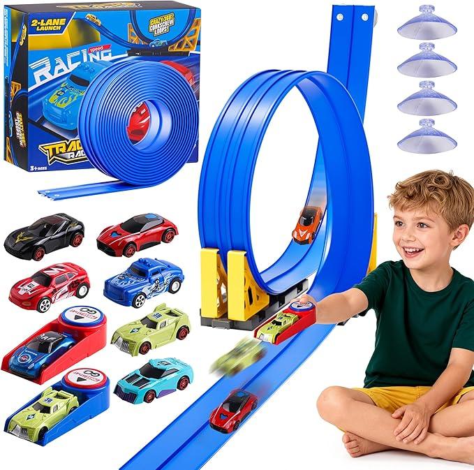 16Ft Flexible Race Track Set for Kids, DIY RollUp Racetrack with 2 Launchers & 6 Mini Cars, SuctionCup Portable Track Compatible with 1:64 DieCast Cars, Indoor & Outdoor Gift for Boys Girls 3+