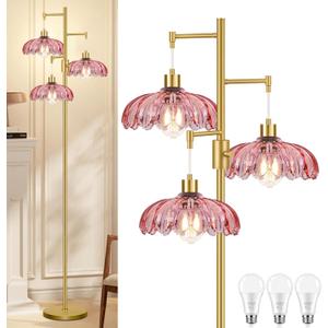 Vintage Floor Lamps for Living Room-3 Light Gold Dimmable Floor Lamp with Three Bulbs & Glass Lampshape, Mid Century Modern Standing Lamp Tree Tall Flower Floor Lamp for Bedroom Living Room,Corner (7.7inch)