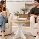 Modern Round Side Table 24in Accent End Table Coffee Table with Walnut Wood Grain Tabletop & White Curved Base for Living Room Bedroom Sofa Corner, Pedestal Nightstand for Indoor/Outdoor