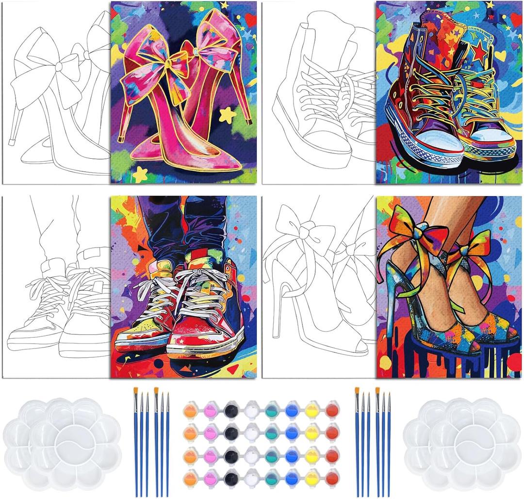4 PCS Pre Drawn Canvas to Paint for Adults 8 x 10 Inch Couple Sip and Paint Kit Party Supplies Favor Shoes Couples Painting Kit Date Night Canvas Painting Kit for Valentine's Day Painting